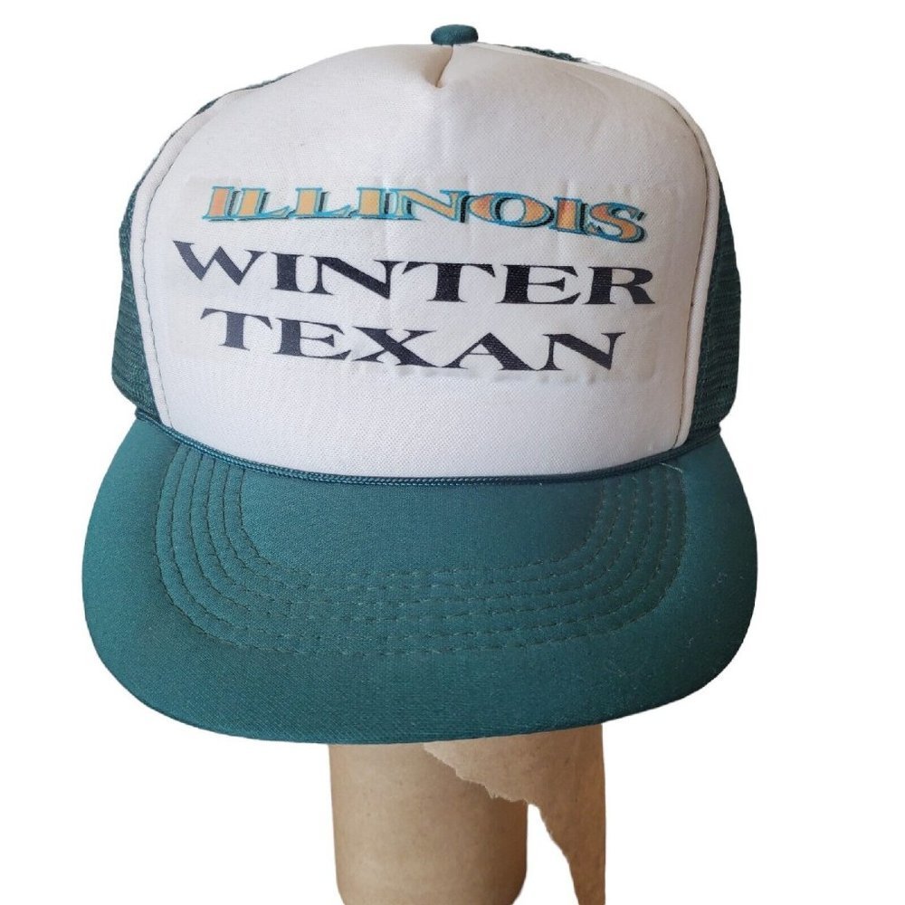 Vintage 80s 90s Illinois Winter Texan Green Foam Mesh Trucker Hat Adjustable